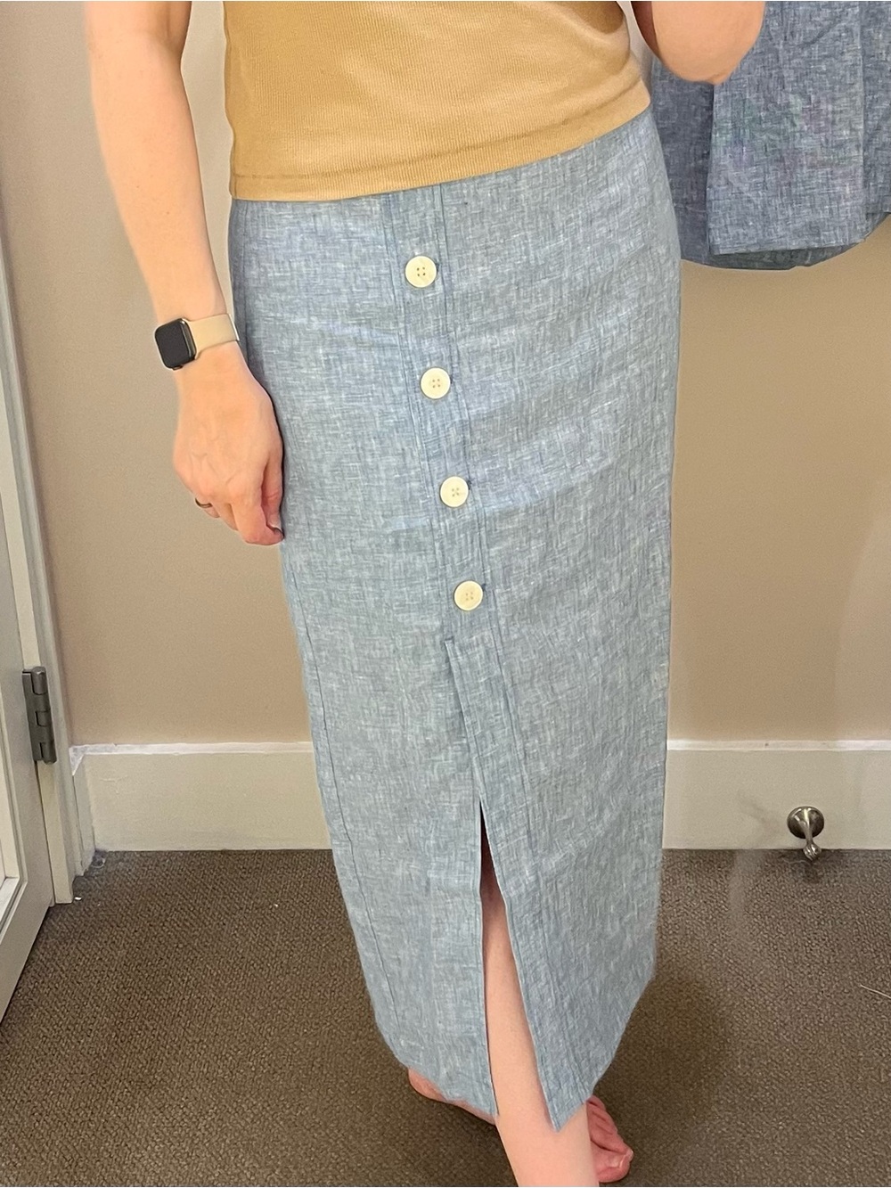 LOFT Blue Linen Button-Front Midi Skirt
